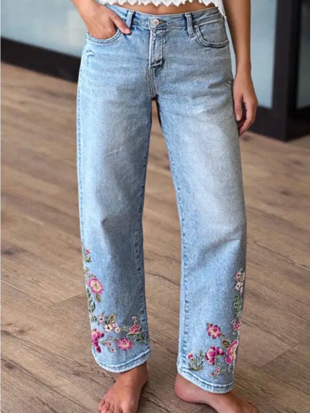 Flamingals Wash Floral Embroidery Mid Rise Straight Leg Jeans